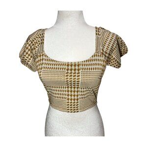 ALTAR'D STATE Mustard Brown Cream Houndstooth Puff Sleeve Milkmaid Crop Top Sm